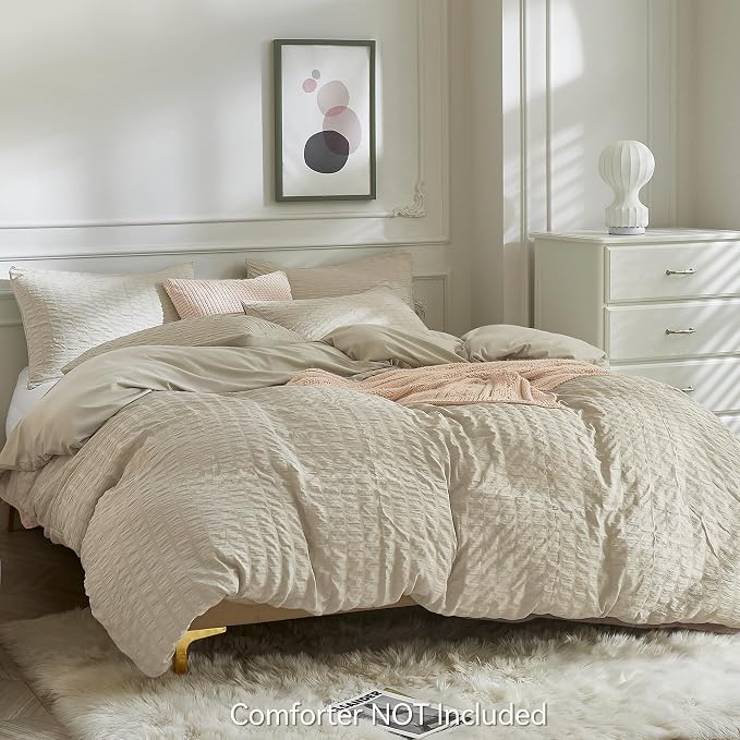 JELLYMONI Light Khaki Duvet Cover Full Size, Soft Breathable Seersucker Duvet - Image 3