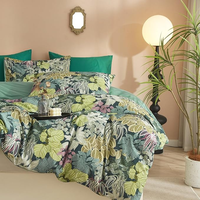 mixinni 100% Cotton Tropical Botanical Green Leaves Duvet Cover Queen Tree - Image 4