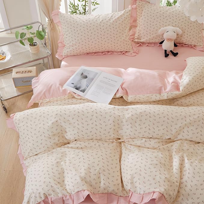 mixinni Pink Floral Duvet Cover Set Twin XL Size – 100% Cotton Ruffle Lace by mixinni