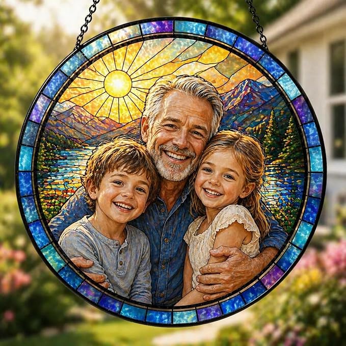 Personalized Grandpa Stained Glass Sun Catcher, Custom Family Photo Window by FamiTrendz