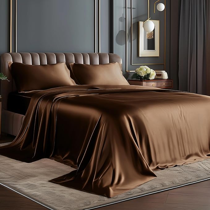 BEDELITE Satin Sheets Full Size Bed Set, Luxury Soft Brown Silky Sheets by BEDELITE