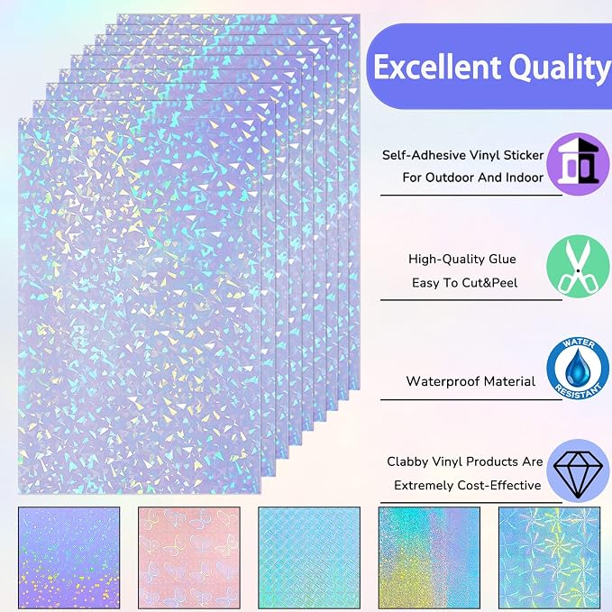 Clabby 36 Sheets Holographic Sticker Paper A4 Vinyl Holographic Laminate Sheets - Image 3
