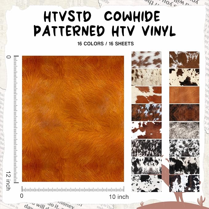 HTVSTD Cowhide Heat Transfer Vinyl 16 Sheets 12×10in Iron on Vinyl | Brown - Image 2