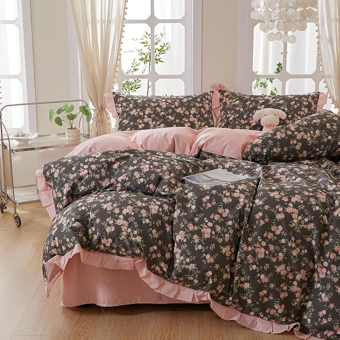 mixinni Vintage Floral Duvet Cover Set King Size – 100% Cotton Ruffle Lace by mixinni