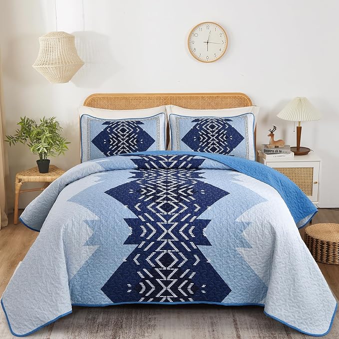 Dintszyayue Blue Quilt Set Queen Size, 3 Pieces Aztec Texture Bedding Coverlet by Dintszyayue