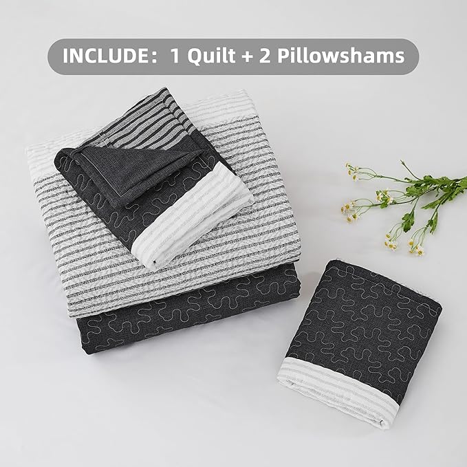 Andency Queen Quilt Set Black and White, 3 Pieces Grey Striped Ultra Soft - Image 6