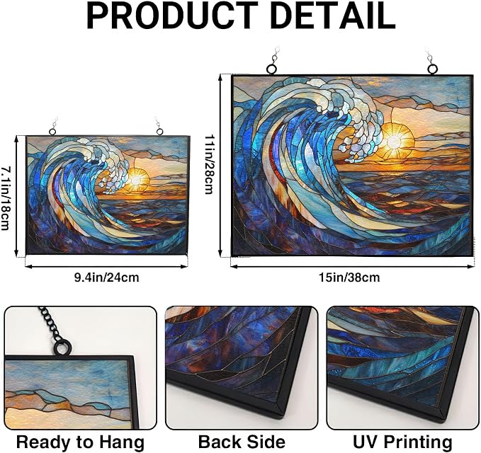 Rectangle Art Nouveau Spiral Ocean Wave Stained Glass Window Hanging, - Image 3