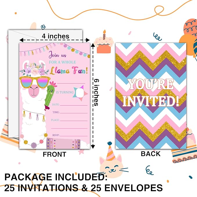 Llama Birthday Invitations, 25 Double-Sided A Whole Llama Fun Alpaca Party - Image 2