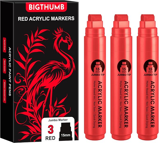 BIGTHUMB 3 Pcs Red Jumbo Permanent Markers: 15mm Wide Tip Thick Acrylic Paint by BIGTHUMB