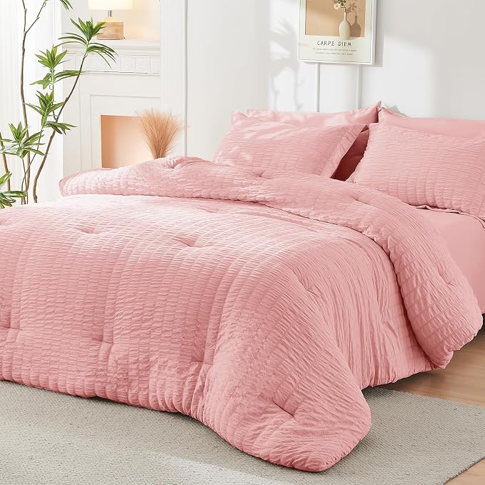 HYMOKEGE Rose Pink Full Size Comforter Sets Seersucker 7 Pieces, All Season - Image 7