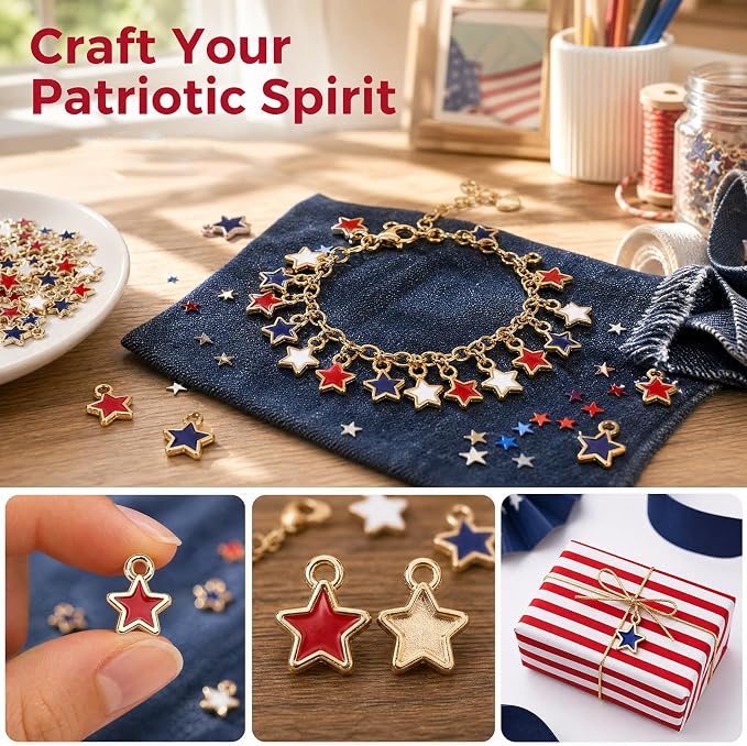 MARFOREVER 120 Pcs Patriotic Red White Blue Star Charms, 4th of July Charm - Image 6