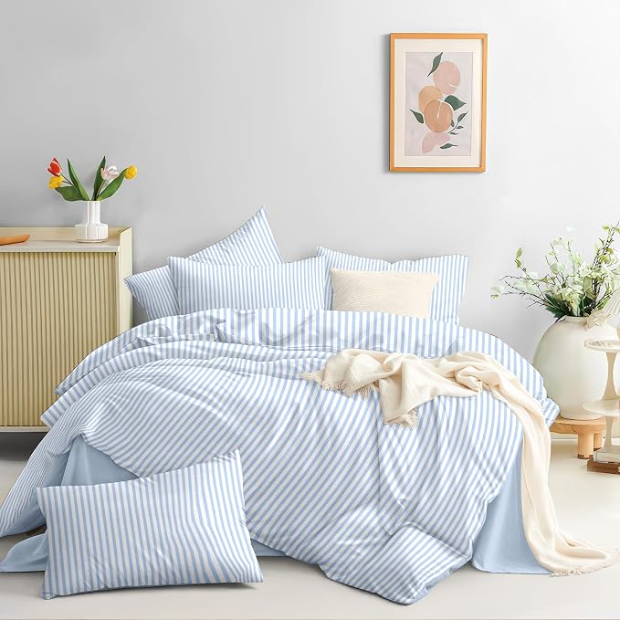 Nayoroom Blue Striped Duvet Cover Queen Size White Stripe Duvet Cover Dorm - Image 4