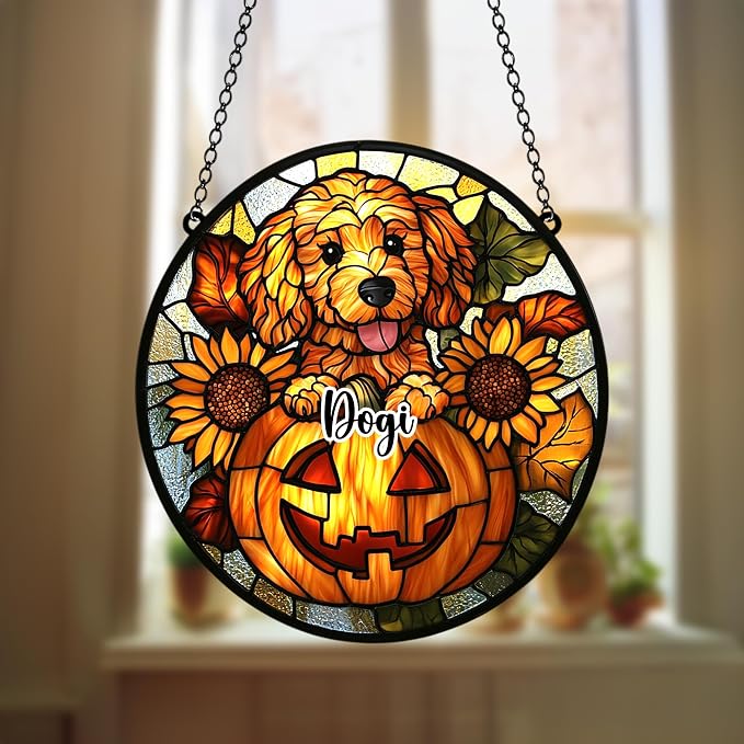 Puppy & Pumpkin Sunflowers Acrylic Suncatcher by Unknown