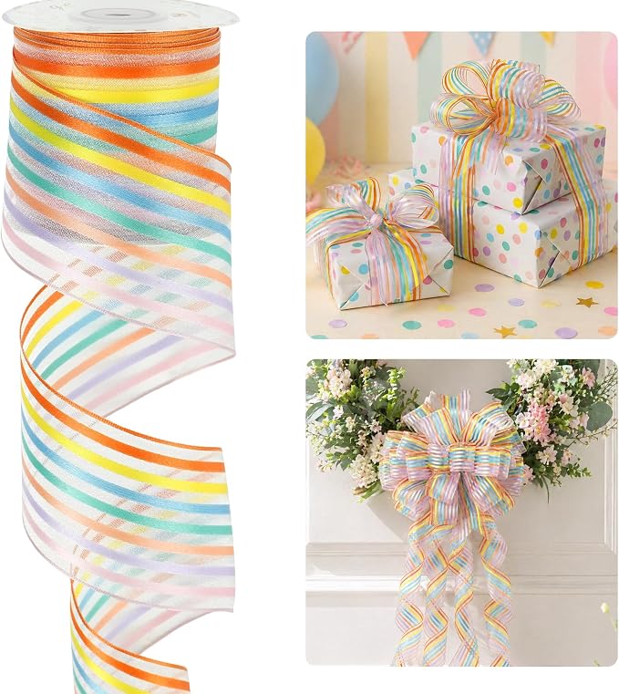HUIHUANG Pastel Striped Sheer Wired Ribbon 2.5 inch X 10 Yards Rainbow Stripes by HUIHUANG