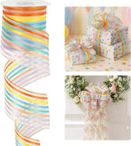 HUIHUANG Pastel Striped Sheer Wired Ribbon 2.5 inch X 10 Yards Rainbow Stripes by HUIHUANG