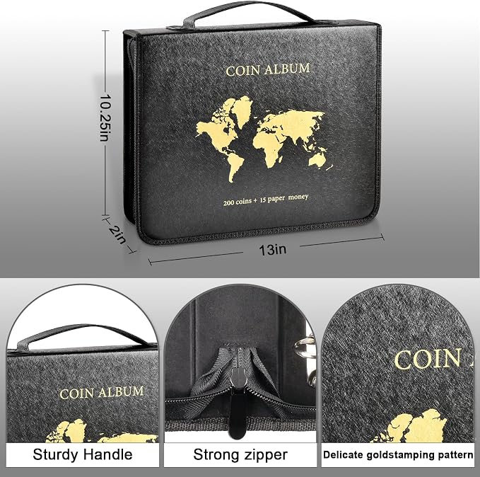 ANKHOH Zippered Coin Collection Book, 200 Pockets and 30 Bill Sleeves | PU - Image 2