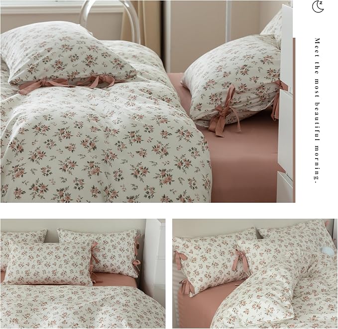 mixinni Vintage Style Girls Pale Pink Flower Pattern Duvet Cover King Soft - Image 7