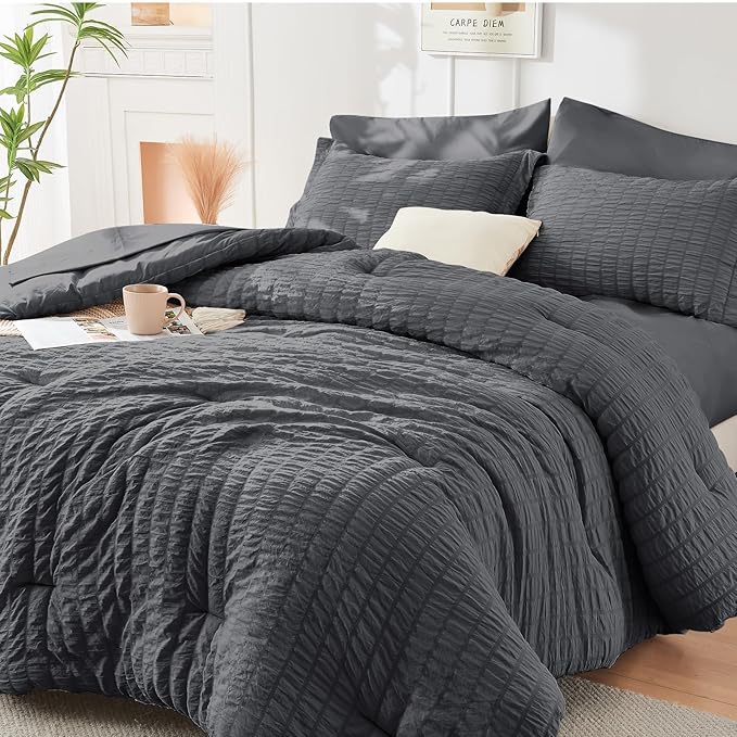 HYMOKEGE Twin Comforter Set Seersucker 5 Pieces, All Season Luxury Bed in a Bag by HYMOKEGE