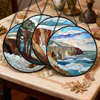 DASTOLL Stained Glass Window Hanging 4 Pcs Set Ocean Waves 9.8" - Image 2