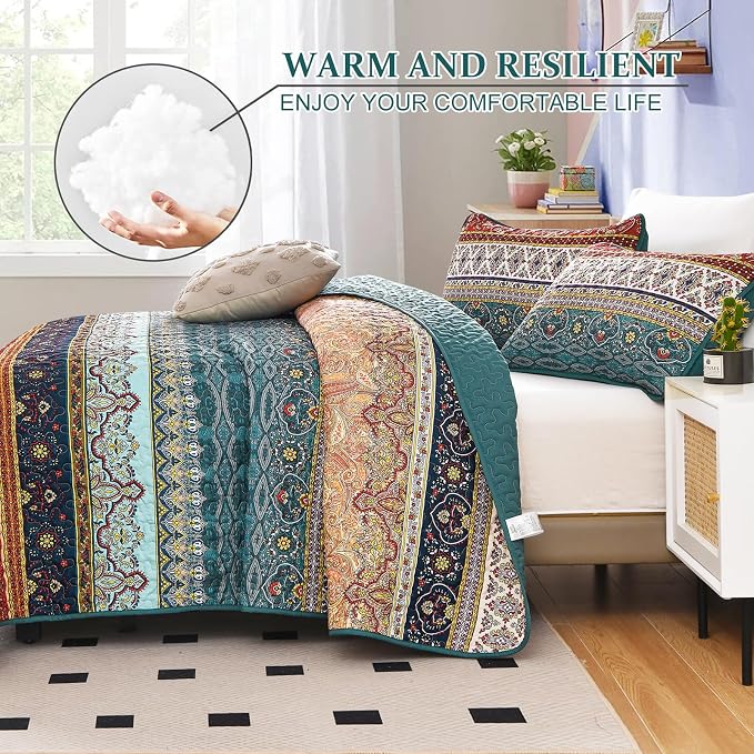WONGS BEDDING Boho Full Quilt Set, 3 Pieces Green Brown Bohemian Full Size - Image 3