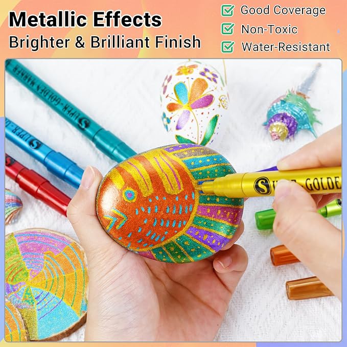 SAKEYR Super Golden Metallic Paint Markers, 12 Colors Sparkle Metallic Glitter - Image 2