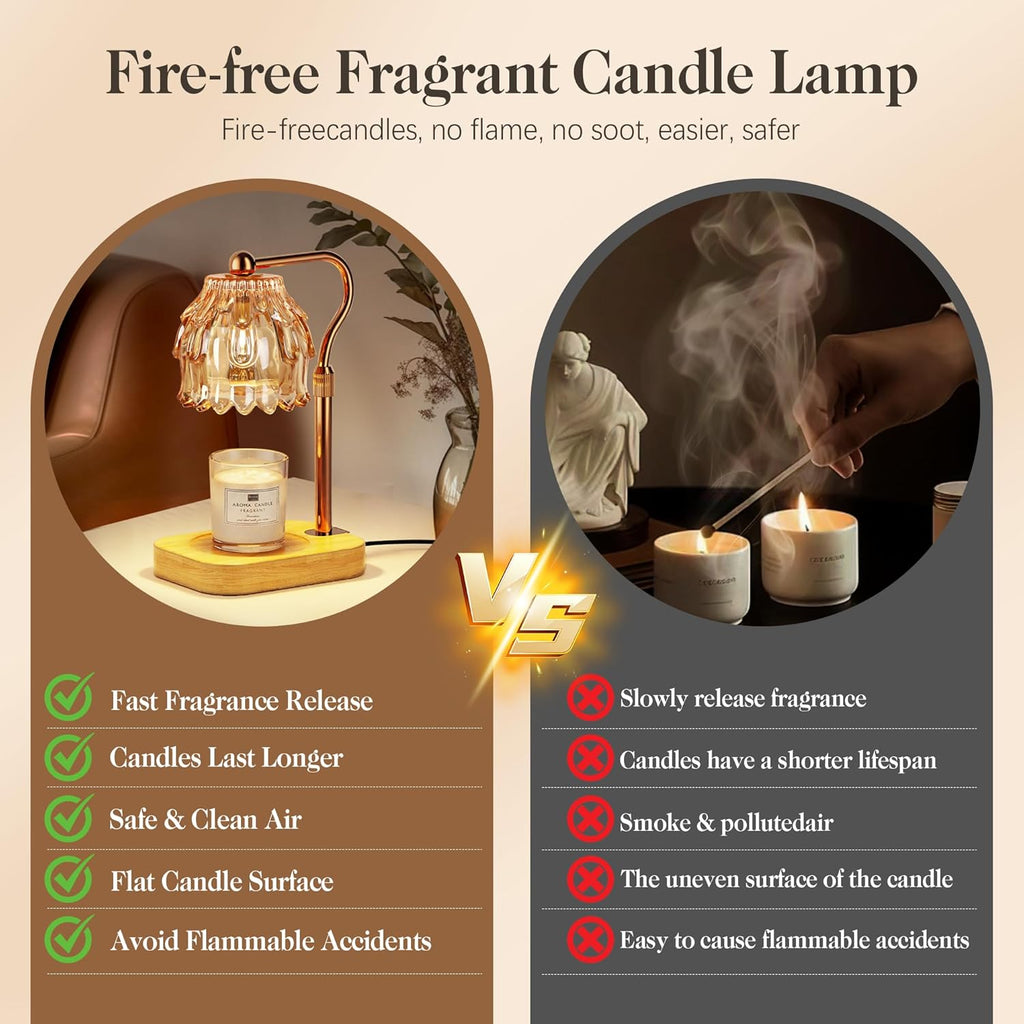 Candle Warmer Lamp with Timer Dimmer, Modern Wax Warmer for Scented Wax Jar Candle Warmer with 2 Bulbs, Adjustable Height Glass Lamp for Gifts for Women, House Warming Gifts, Home Decor, Gold Amber