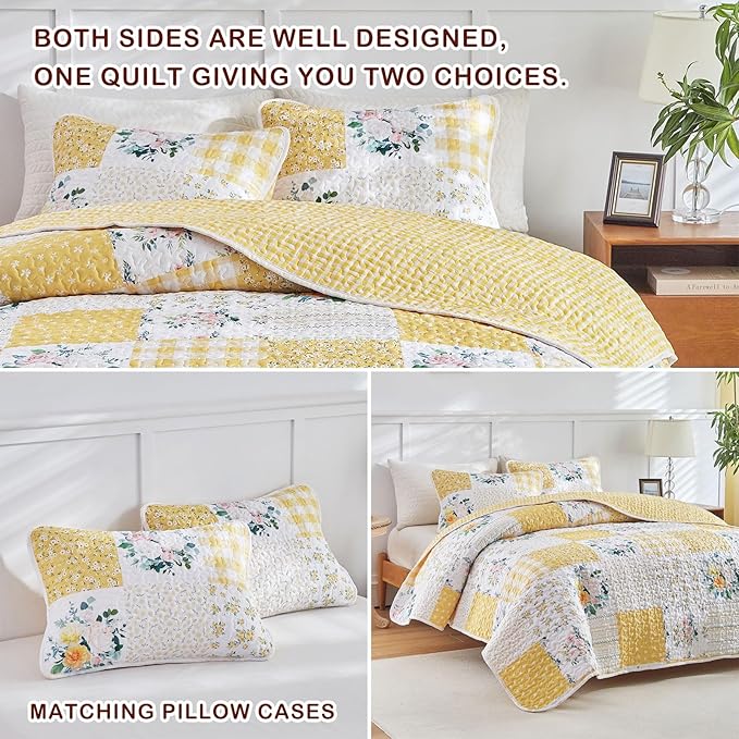 Joyreap 3 Pieces Patchwork Quilt Set California King, 102x114 inches- Yellow n - Image 4