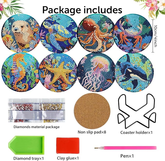 8 Pack Diamond Art Coasters, Ocean animal Diamond Painting Coasters Kits | - Image 3