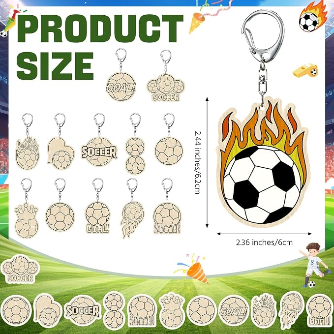 RattanView 24 Pcs Soccer Craft Color Your Own Keychains Diy Craft Wooden Blank - Image 3