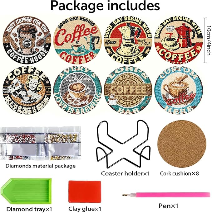 Benjenes 8 PCS Coffee Diamond Art Coasters Kits | Diamond Paintings Coasters - Image 2