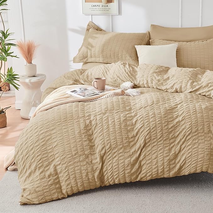HYMOKEGE Khaki Queen Comforter Set Seersucker 7 Pieces, All Season Luxury Bed - Image 2