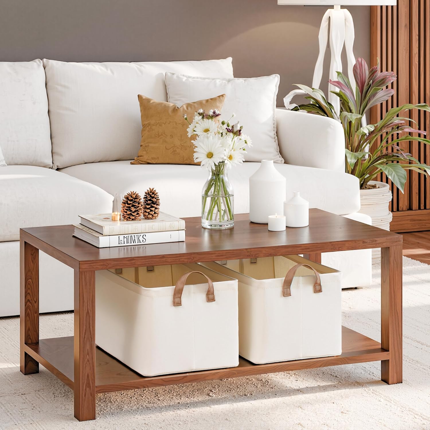 StorageWorks Storage Bins, Shelves Baskets for Organizing, Large Fabric Closet Organizers with Handles, Metal Frame, Natural Color, 2-Pack