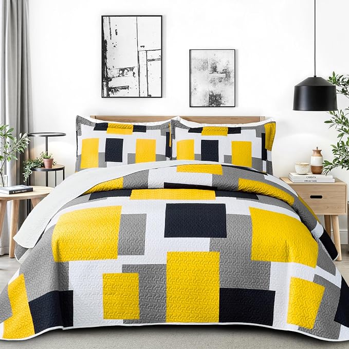 Tyrot 3 Piece Yellow Grey Quilt Set California King Size Yellow Gray White by TyrotHomeDecor
