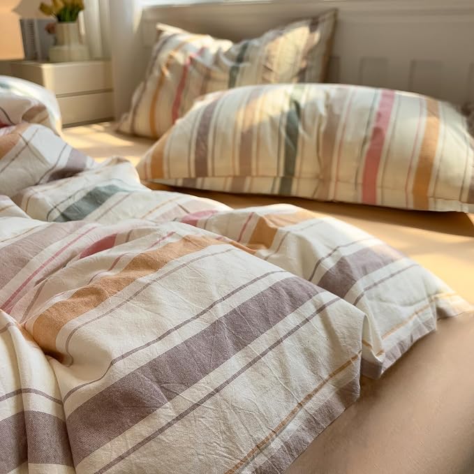 mixinni Vintage Striped Duvet Cover Set Queen, 3-Piece 100% Washed Cotton - Image 6