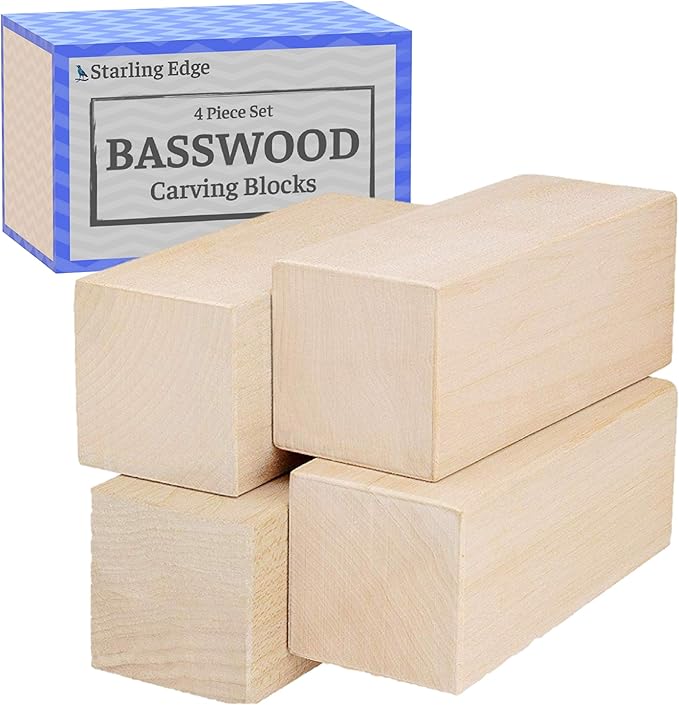 Basswood Carving Blocks 2 x 2 x 5 Inch, 4 Pack | Soft smooth paintable basswood by STARLING+EDGE