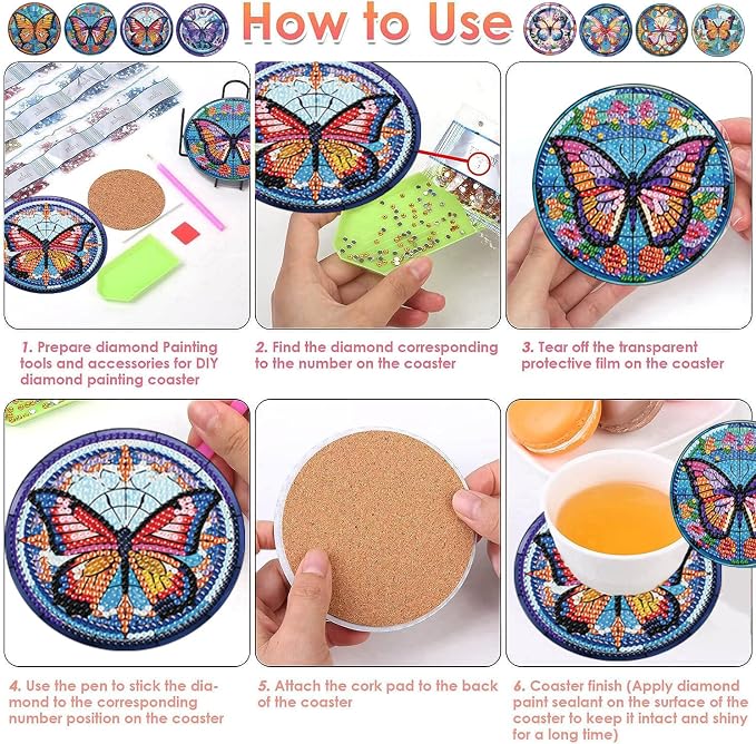 ijbnhd 8 Pcs Butterfly Diamond Painting Coasters Kits - Image 6