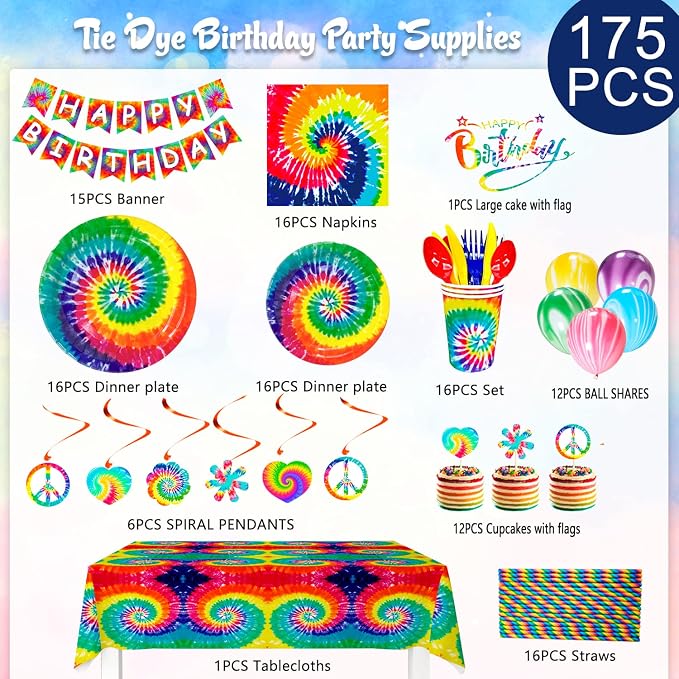 Tie Dye Birthday Party Supplies, 16 Guests Tie Dye Party Tableware Decorations - Image 2