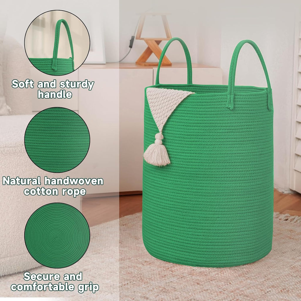 Large Woven Laundry Basket Hamper,80L Cotton Rope Storage Bin for Blankets,Toys and Clothes,Decorative Tall Nursery Hamper for Living Room,Baby Nursery,Bathroom and Bedroom,Dark Green