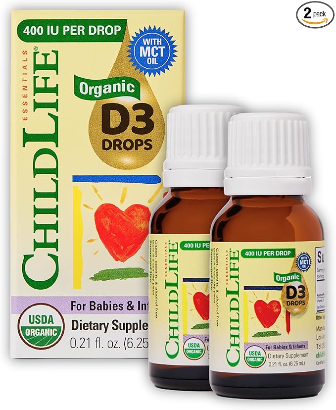 CHILDLIFE ESSENTIALS Organic Vitamin D3 Drops for Infants & Newborns - Baby Vitamin D Drops, 400 IU per Liquid Drop, Immune & Bone Health Support, USDA Organic, Flavorless - 0.21 Fl Oz (2 Pack)