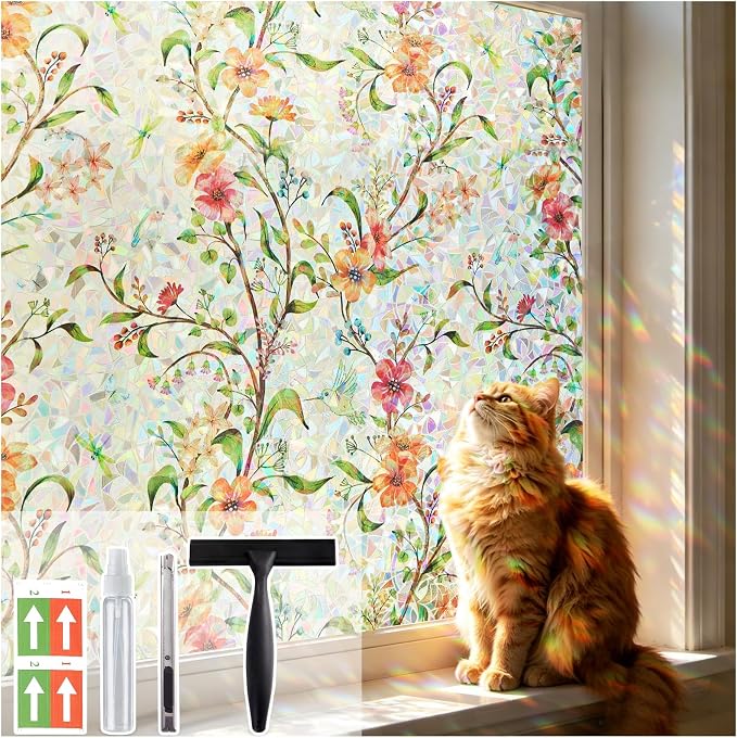Coavas Stained Glass Window Film, 3D Rainbow Floral, 23.6" x 78.7" | Decorative by Coavas