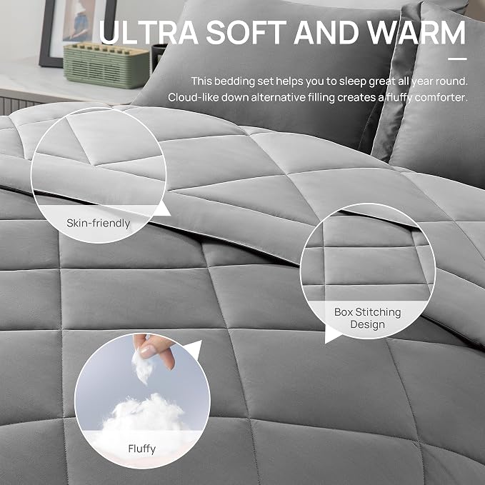 Love's cabin Twin Comforter Set Grey, 5 Pieces Twin Bed in a Bag, All Season - Image 5