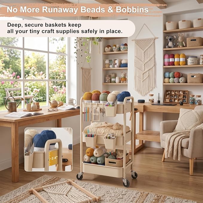 3 Tier Beige Rolling Storage Cart Metal on Wheels, Cream Three Tiered Diaper - Image 5