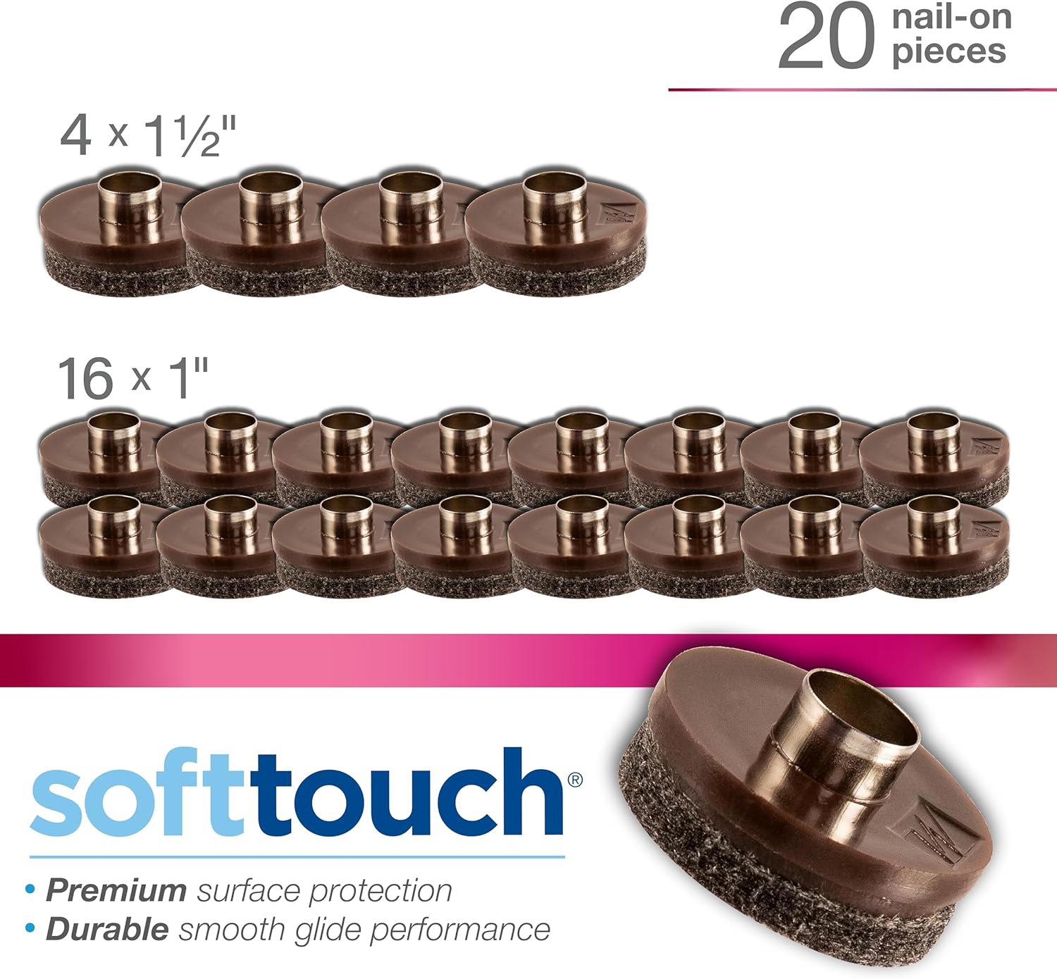Nail-on, Heavy Duty Felt Pads for Wood Furniture and Hard Surfaces Value Pack (20 piece) - Walnut Brown, Round 1" in & 1.5" in