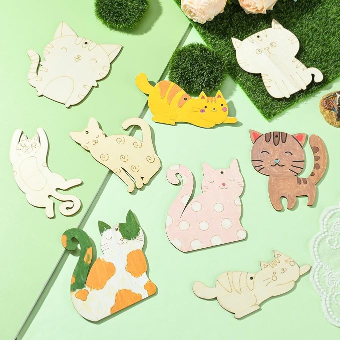 40 pcs Mixed Styles Lovely Cat Theme Unfinished Wood Cutout Charms Kitten Pet - Image 6