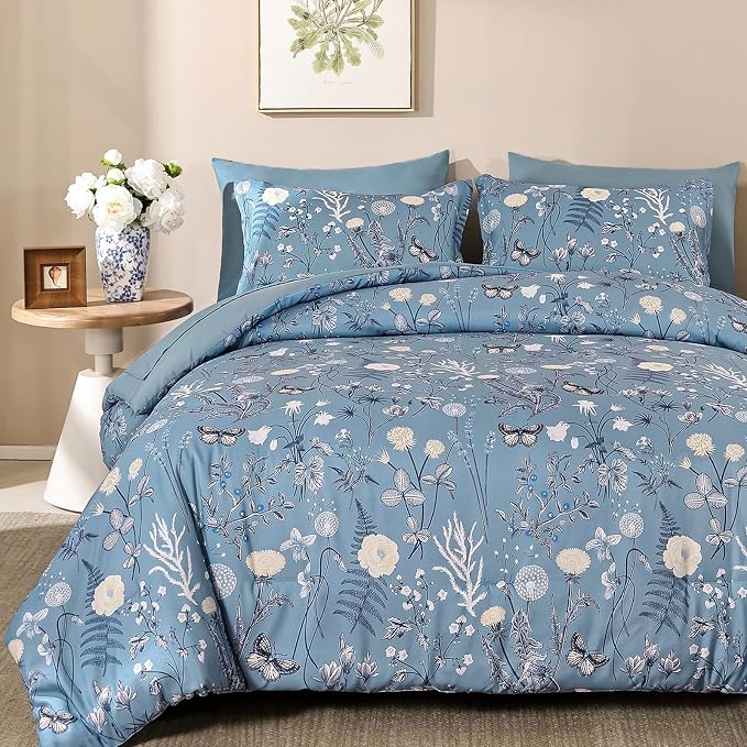 Yiran Blue Comforter Set Queen Size, 7 Piece Floral Comforter Bedding Set by Yiran