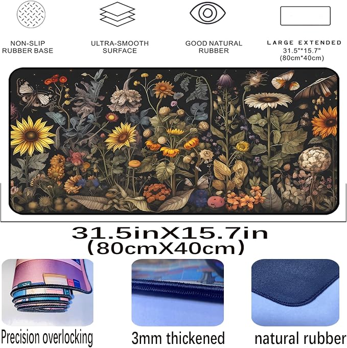 Retro Mouse Pad XXL， Flower Sunflower Plant Desk Mat, Long Computer Mat - Image 2