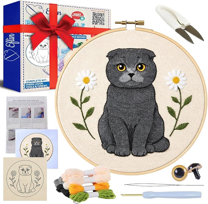 Eflin Punch Needle Kits Adults Beginner, Cute Scottish Fold Cat Punch Needle Kit by Unknown