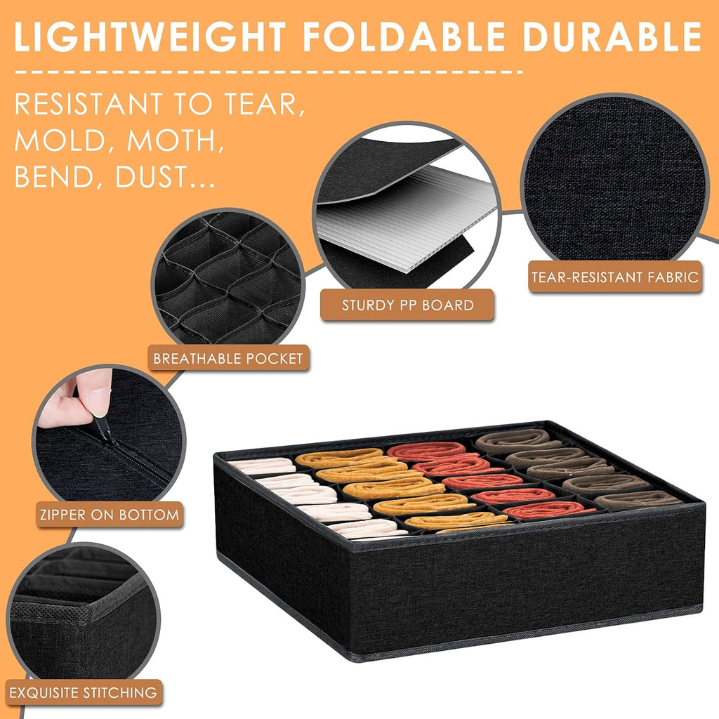 Criusia 3 Pack Sock Underwear Organizer Dividers, 64 Cell Fabric Foldable Cabinet Closet Organizers and Storage Boxes for Storing Socks, Underwear, Ties (16+24+24 Cell, Black)