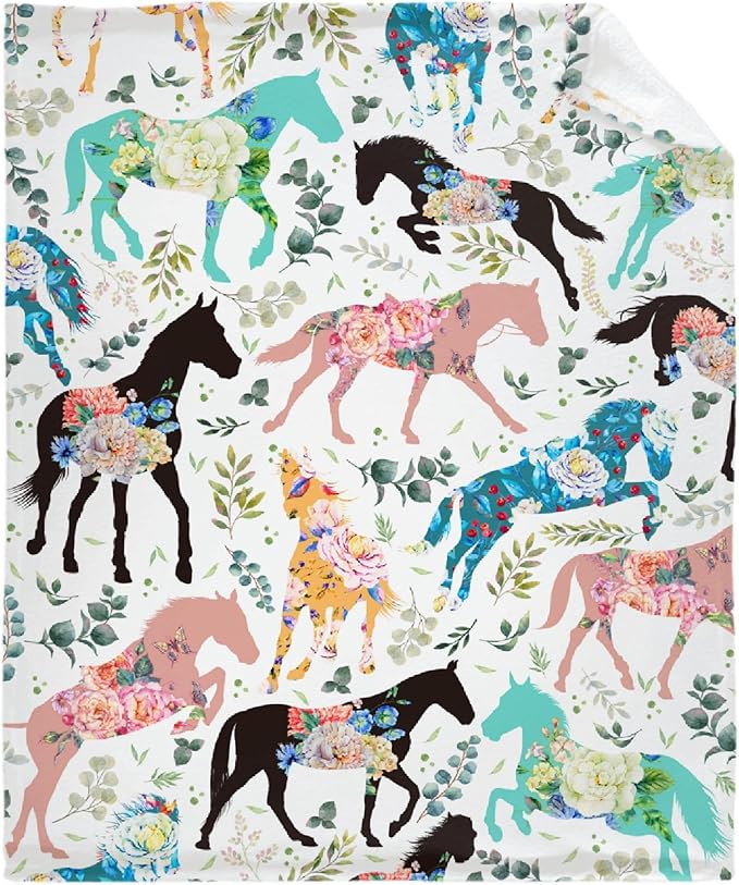 Colorful Floral Horse Blanket for Baby Girls Flowers Animals Throw Blanket for Boys, Lightweight Cute Horse Soft Flannel Blankets for Kids Gifts, 30x40 Inches