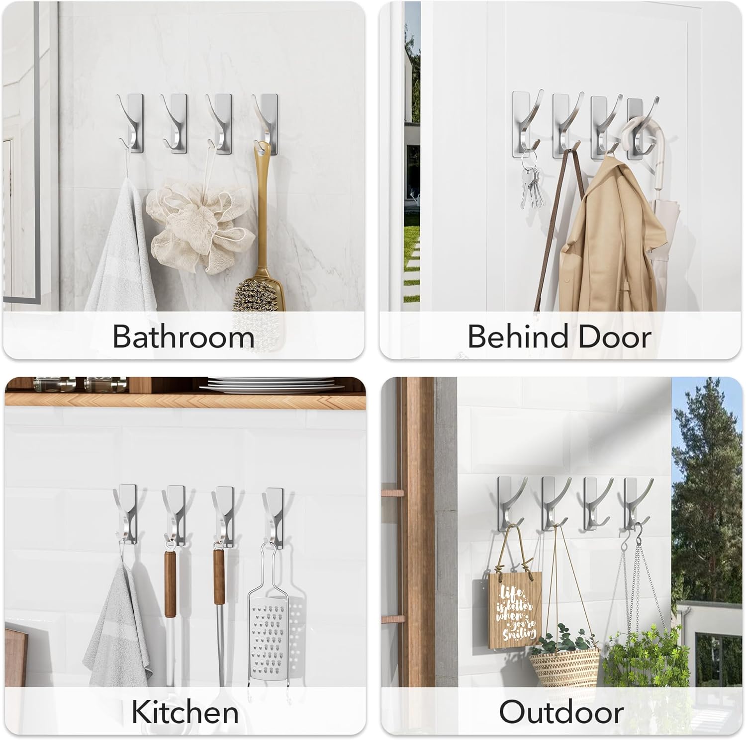 Self-Adhesive Coat Hooks for Hanging - Heavy Duty Stainless Double Wall Hook for Towel, Backpack, Hat, Sturdy Metal Hanger for Bathroom, Bedroom, Door, Wall Mounted, 4-Pack, Silver, New